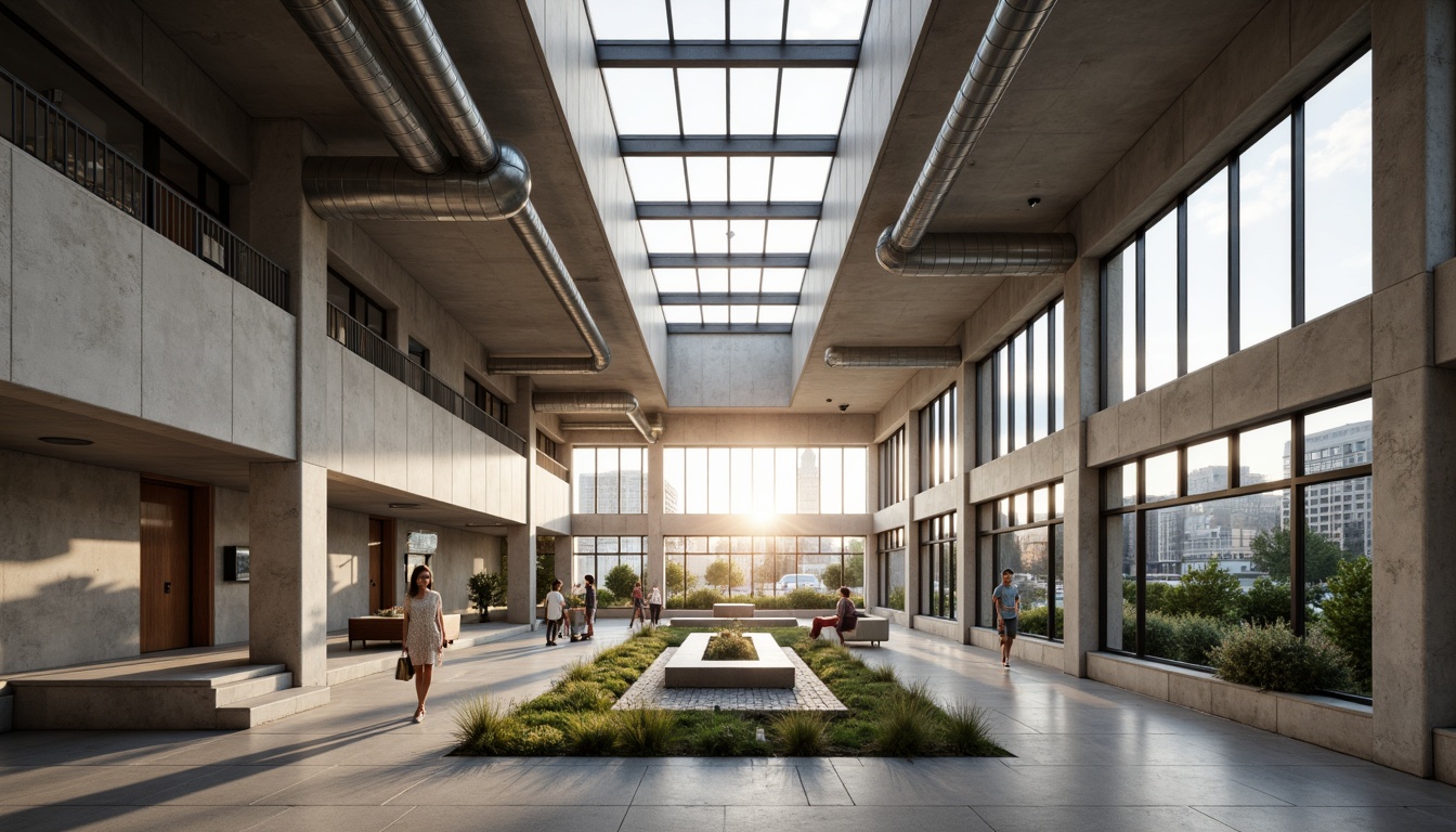 Prompt: Raw concrete walls, exposed ductwork, industrial pipes, minimalist decor, brutalist architecture, natural light pouring in, large windows, clerestory windows, skylights, transparent roofing, diffused lighting, soft warm glow, ambient shadows, 3/4 composition, shallow depth of field, realistic textures, ambient occlusion, urban cityscape, modern city living, busy streets, greenery-filled courtyards.