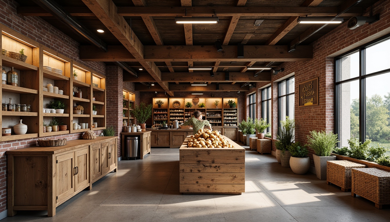 Prompt: Rustic grocery store interior, reclaimed wooden planks, distressed wood textures, earthy tone colors, exposed brick walls, industrial metal beams, vintage decorative lighting, rustic metal signage, wooden crates, woven baskets, natural stone flooring, rough-hewn wood accents, warm cozy atmosphere, soft warm lighting, shallow depth of field, 1/1 composition, realistic textures, ambient occlusion.