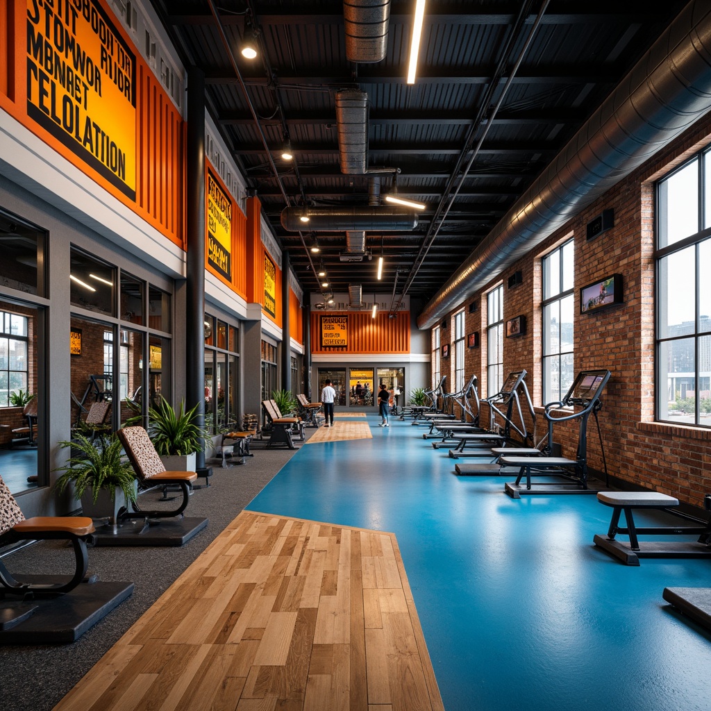 Prompt: Vibrant gym interior, industrial chic decor, exposed brick walls, metallic equipment accents, bold color scheme, deep blues, energetic oranges, warm yellows, cool grays, natural wood tones, motivational quotes, modern lighting fixtures, high ceilings, open spaces, athletic tracks, mirrored walls, free weights, cardio machines, strength training areas, dynamic shadows, atmospheric glow, 1/1 composition, realistic textures, ambient occlusion.