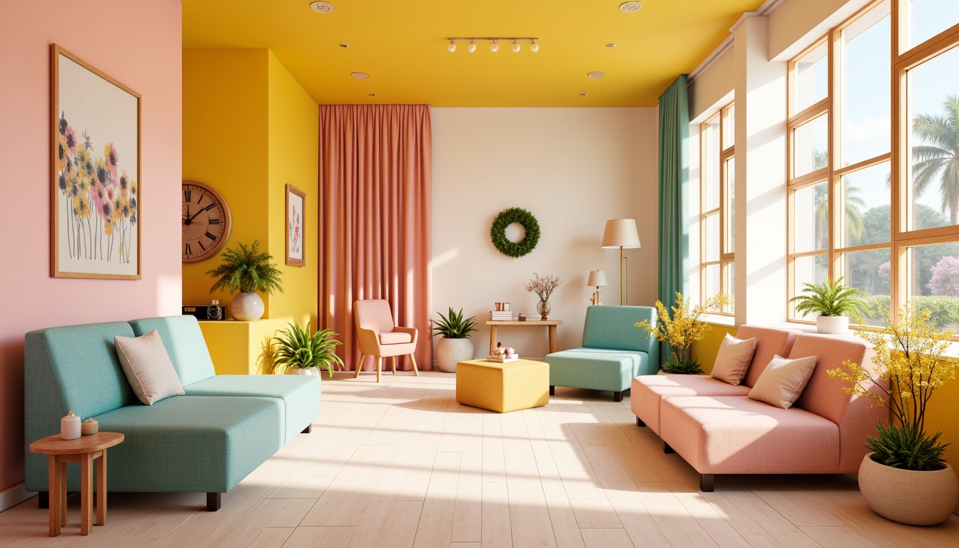 Prompt: Vibrant yellow accents, pastel pink hues, soft peach tones, creamy white walls, rich turquoise furniture, playful polka dots, whimsical florals, sunny warm lighting, shallow depth of field, 3/4 composition, panoramic view, realistic textures, ambient occlusion.