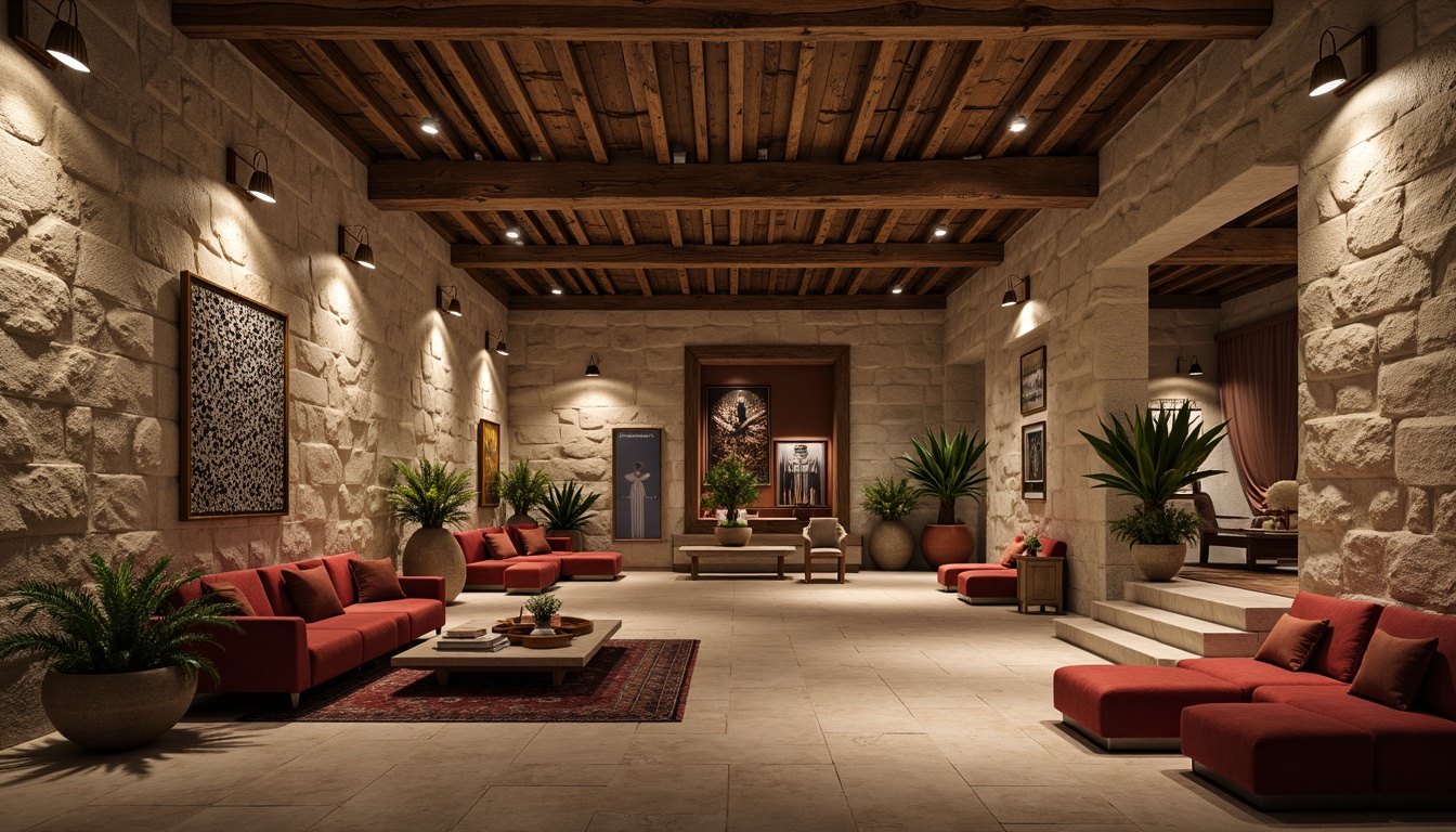 Prompt: Luxurious interior, textured stone walls, warm earthy tones, rugged natural surfaces, ambient soft lighting, cozy atmosphere, modern minimalist decor, sleek wooden furniture, plush velvet fabrics, metallic accents, rich jewel-toned colors, ornate golden frames, lavish chandeliers, dramatic ceiling designs, opulent marble floors, grand staircase, intricate moldings, realistic normal maps, high-definition textures, cinematic camera angles, shallow depth of field.