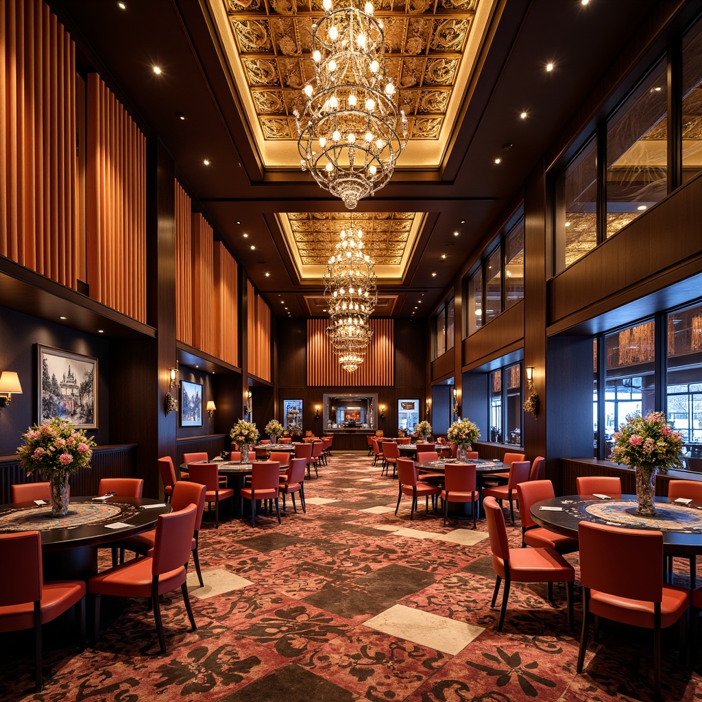 Prompt: Luxurious casino interior, rich wood accents, ornate metal fixtures, lavish chandeliers, velvet drapes, marble floors, intricate patterns, bold color schemes, modern academic architectural elements, sleek lines, sophisticated furnishings, ambient warm lighting, dramatic spotlights, shallow depth of field, 1/1 composition, realistic textures, detailed normal maps.