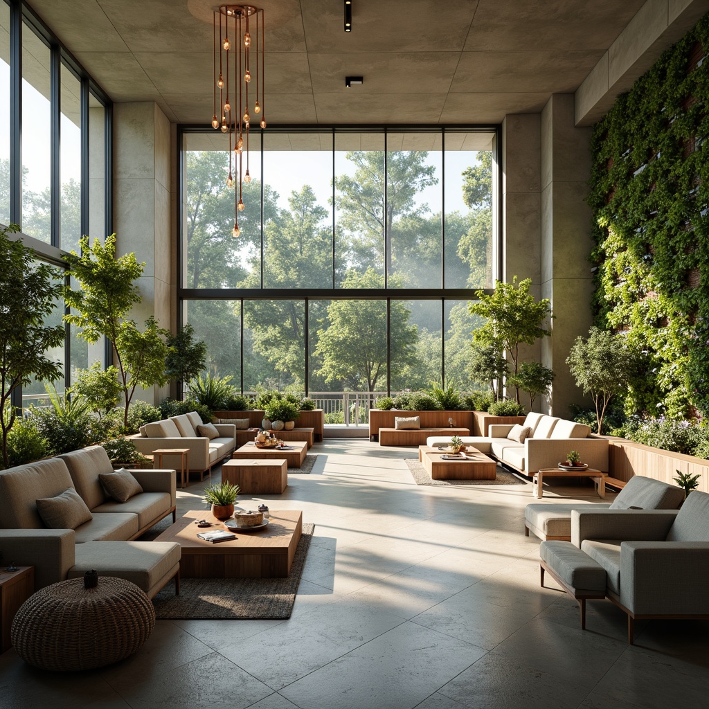 Prompt: Spacious open space, minimalist decor, natural light, airy atmosphere, comfortable seating areas, plush sofas, wooden coffee tables, vibrant greenery, living walls, floor-to-ceiling windows, sliding glass doors, polished concrete floors, modern chandeliers, soft warm lighting, 1/1 composition, shallow depth of field, realistic textures, ambient occlusion.