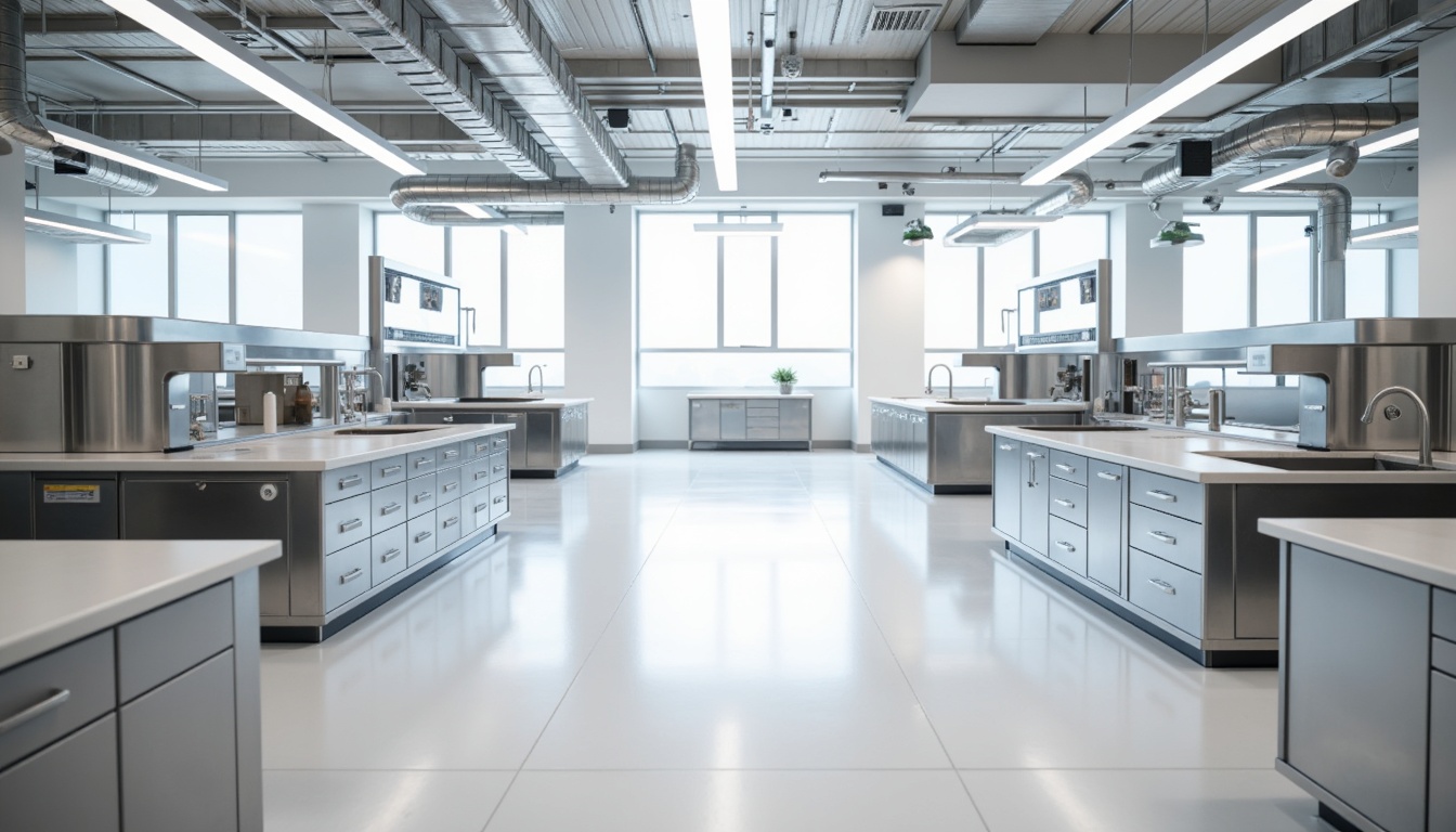 Prompt: Minimalist laboratory interior, sleek metal workstations, polished chrome accents, pure white countertops, epoxy resin flooring, industrial-style lighting fixtures, exposed ductwork, modular shelving units, minimalist cabinetry, stainless steel sinks, modern faucets, sterile atmosphere, soft natural light, shallow depth of field, 1/1 composition, realistic textures, ambient occlusion.