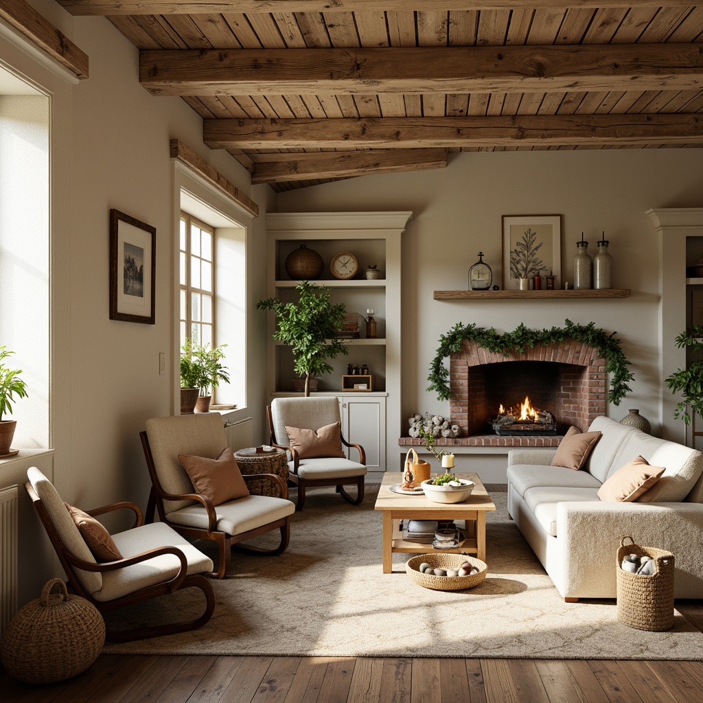 Prompt: Rustic farmhouse, vintage decor, earthy tones, weathered wood accents, soft creamy whites, warm beige walls, distressed finishes, natural textiles, woven baskets, antique furniture, metal lanterns, candles, brick fireplace, stone flooring, greenery garland, shiplap walls, wooden beams, cozy nooks, soft golden lighting, shallow depth of field, 1/1 composition, realistic textures, ambient occlusion.