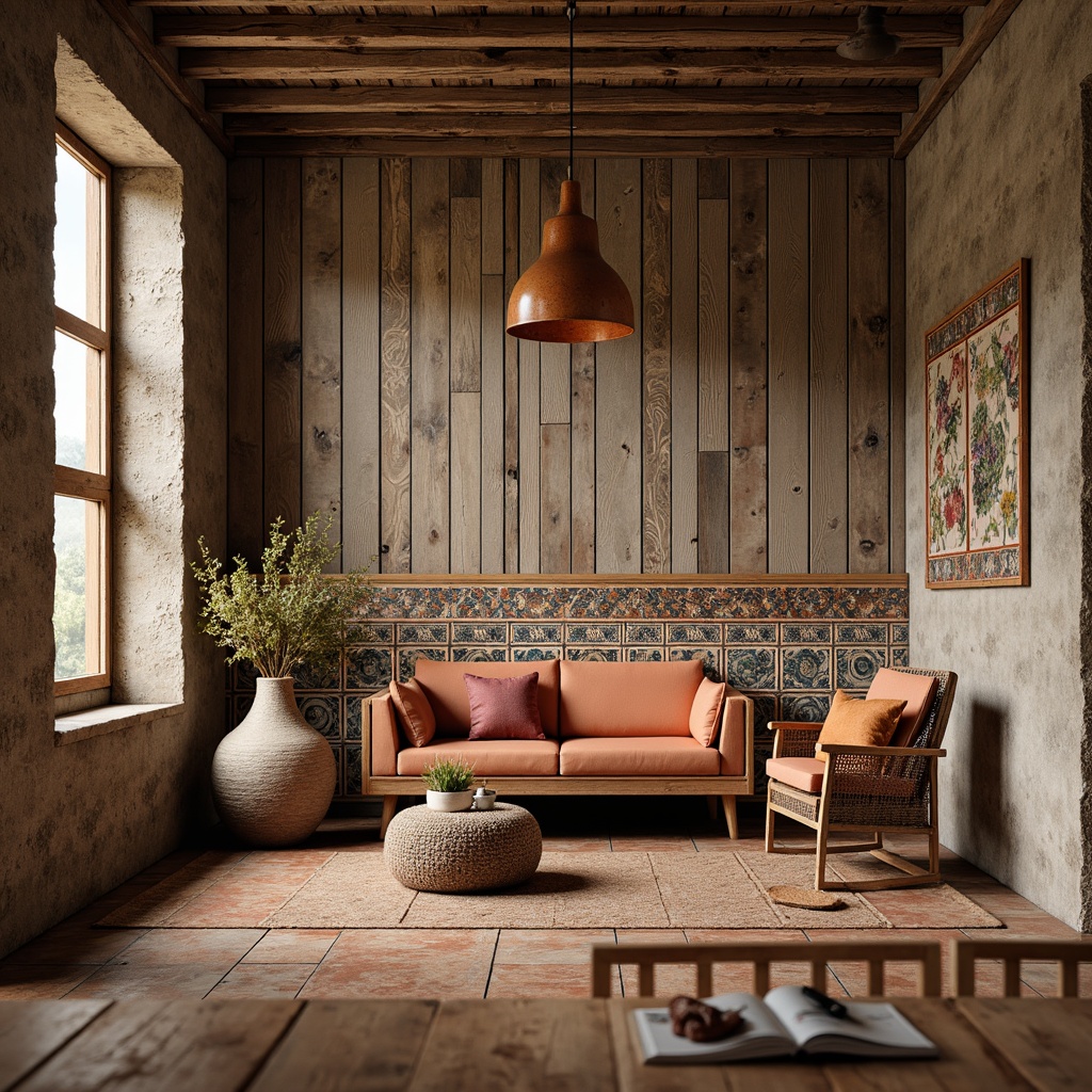 Prompt: Weathered wooden planks, distressed metal accents, rough stone walls, rustic brick textures, vintage-inspired decorative tiles, ornate ceramic patterns, intricate mosaic compositions, natural fiber textiles, woven wicker furniture, earthy terracotta hues, warm golden lighting, soft focus, shallow depth of field, 1/2 composition, realistic normal maps, ambient occlusion.