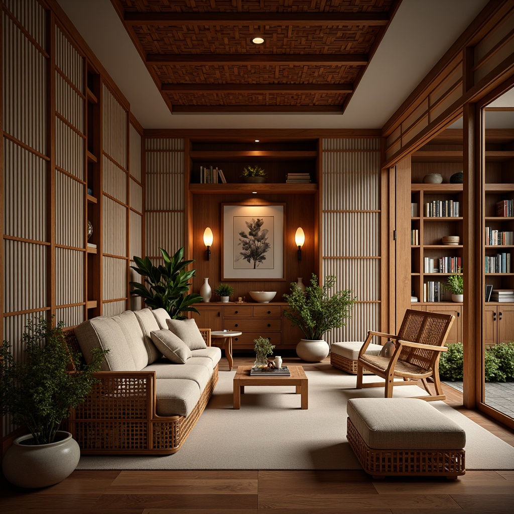 Prompt: Cozy reading nook, traditional Asian architecture, wooden accents, intricately carved furnishings, plush cushions, soft warm lighting, natural wood tones, woven bamboo chairs, minimalist decor, subtle fragrance, peaceful atmosphere, floor-to-ceiling bookshelves, sliding shoji screens, rice paper lanterns, serene ambiance, 1/1 composition, shallow depth of field, realistic textures, ambient occlusion.