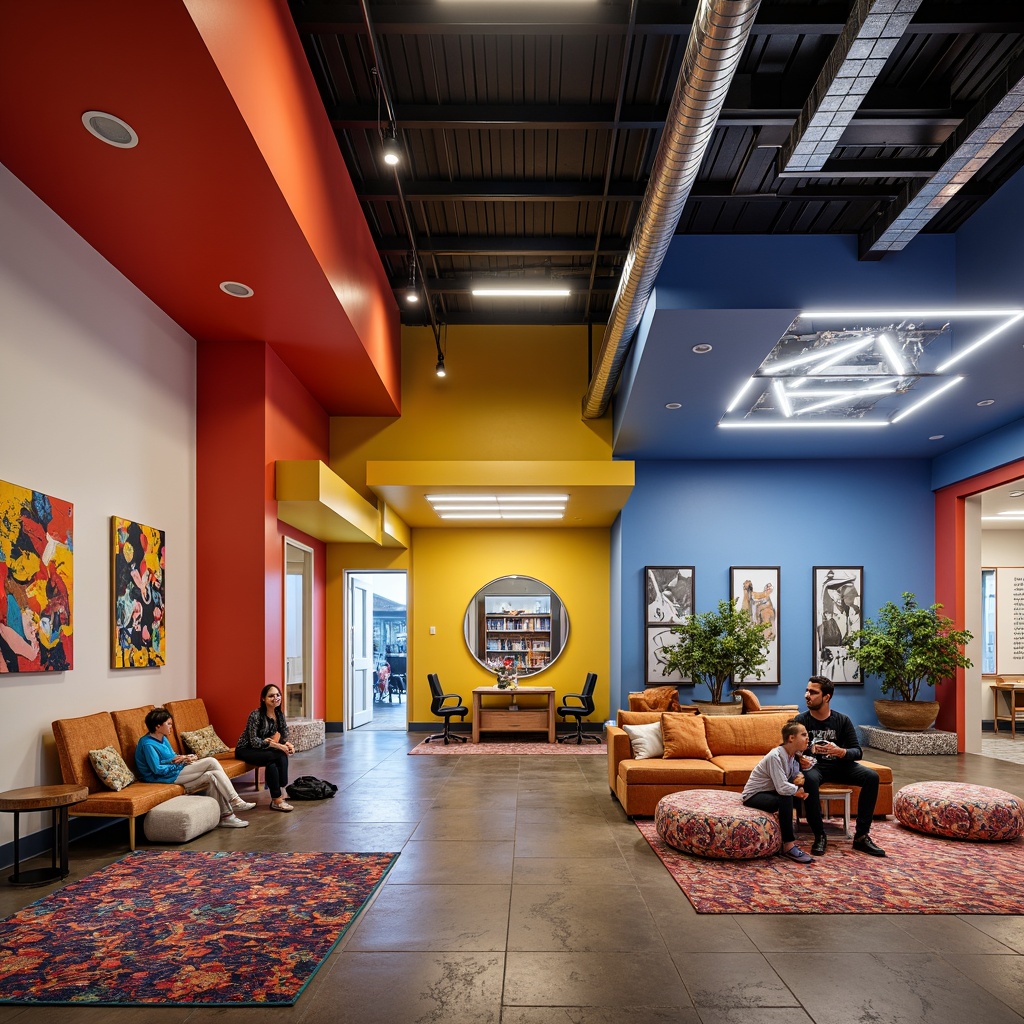 Prompt: Vibrant youth center, postmodernist architecture, bold color-blocking fa\u00e7ade, irregular shapes, playful textures, eclectic patterned rugs, oversized pillows, abstract artwork, neon-lit signage, exposed ductwork, industrial-chic lighting, reclaimed wood accents, modern furniture, cozy reading nooks, collaborative workspaces, interactive exhibit zones, flexible modular layout, dynamic atmospheric lighting, shallow depth of field, 1/1 composition, soft focus blur, warm color grading, ambient occlusion.