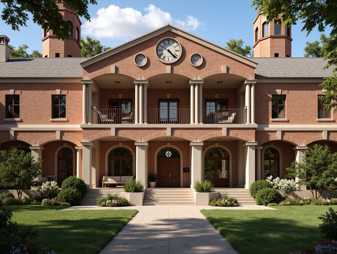 Prompt: Rustic brick facade, classical columns, ornate cornices, grand entrance gates, manicured lawns, blooming flowerbeds, academic crests, institutional signage, historic clock towers, symmetrical architecture, balanced composition, warm earthy tones, natural stone pathways, wooden doorways, stained glass windows, cozy reading nooks, ambient soft lighting, shallow depth of field, 3/4 composition, realistic textures, subtle ambient occlusion.