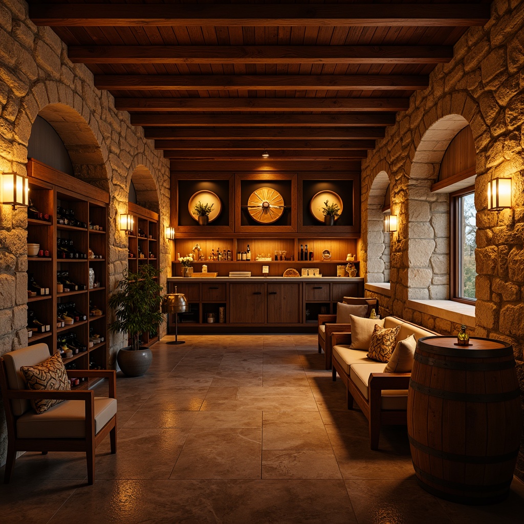 Prompt: Warm wooden wine cellar, rustic stone walls, dimmable warm lighting, soft candlelight, bronze metalwork, rich wood tones, earthy color palette, natural stone flooring, wooden barrels, wine racks, cozy nooks, intimate seating areas, ambient shadows, warm color temperature, subtle gradient lighting, 1/2 composition, shallow depth of field, realistic textures, atmospheric mist.