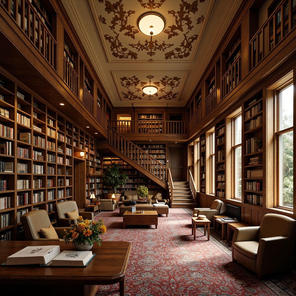 Prompt: Cozy library atmosphere, eclectic book collections, vintage furniture, rich wood tones, plush carpets, statement lighting fixtures, ornate ceiling details, grand staircases, mezzanine levels, floor-to-ceiling bookshelves, comfortable reading nooks, rustic wooden tables, worn leather armchairs, warm beige walls, soft golden lighting, shallow depth of field, 2/3 composition, intimate camera angles, realistic textures, ambient occlusion.