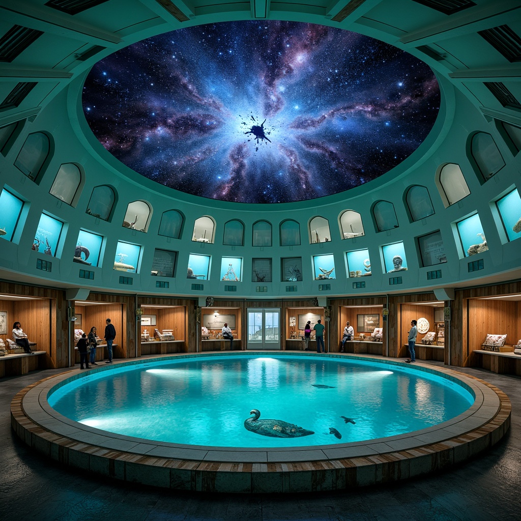 Prompt: \Celestial planetarium dome, soft ocean breeze, calming seafoam green walls, iridescent blues and purples, starry night sky ceiling, driftwood accents, porthole windows, nautical ropes, marine life exhibits, interactive displays, ambient LED lighting, shallow water effects, misty fog atmosphere, 1/1 composition, symmetrical layout, warm softbox lighting, realistic astronomical projections.\