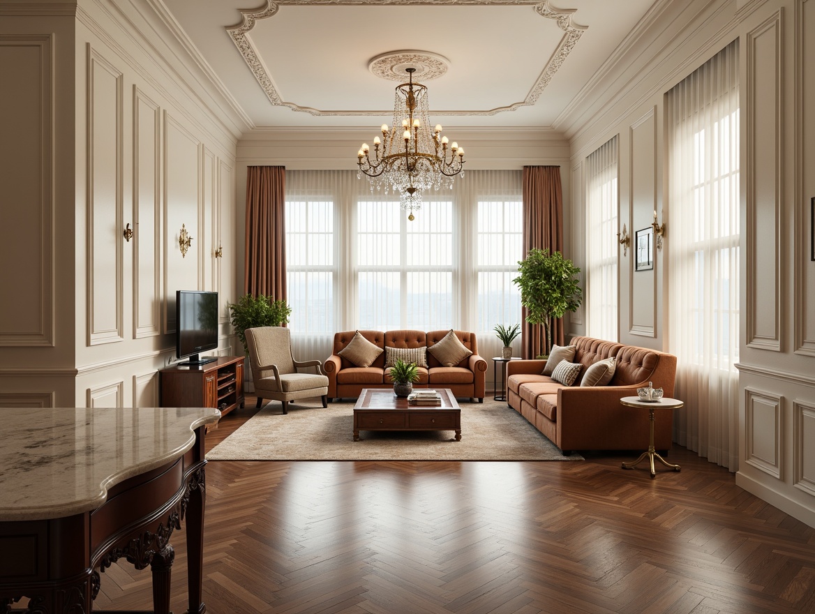 Prompt: Luxurious living room, ornate moldings, creamy white walls, polished wooden floors, crystal chandelier, plush velvet sofas, carved wooden furniture, subtle lighting, soft focus, shallow depth of field, 1/1 composition, warm neutral colors, intricate patterns, gilded accents, marble countertops, elegant curtains, refined textures.