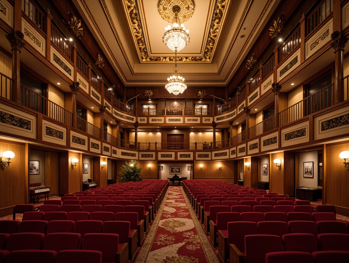 Prompt: Traditional auditorium interior, ornate chandeliers, rich wood paneling, plush red velvet seats, curved row seating arrangement, central aisle, elevated stage, grand piano, dramatic spotlights, warm golden lighting, intricate moldings, classic columns, ornate balconies, luxurious fabrics, elegant carpeting, subtle soundproofing, optimal acoustics, 1/2 composition, atmospheric rendering, realistic reflections.