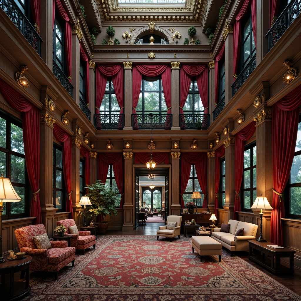 Prompt: Richly ornate Victorian mansion, intricate stonework, ornamental facades, grand entranceways, lavish furnishings, velvet drapes, golden accents, warm candlelight, dark wood paneling, opulent fabrics, brocade patterns, crimson reds, emerald greens, navy blues, creamy whites, subtle grays, luxurious textures, elaborate moldings, floral motifs, antique hardware, ornate mirrors, dramatic chandeliers, soft warm lighting, atmospheric ambiance.