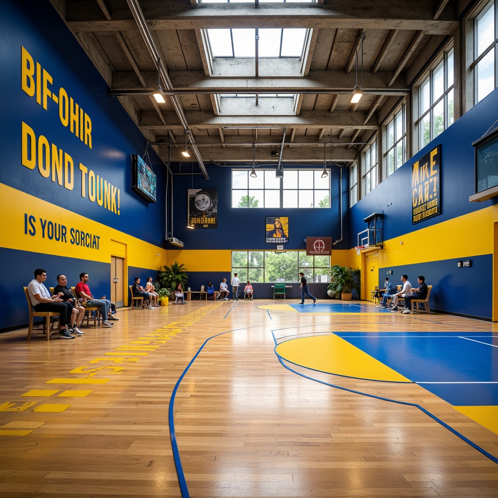 Prompt: Vibrant gymnasium interior, bold color blocking, dynamic sports equipment, polished wooden floors, bright athletic tracks, energetic yellow accents, deep blue tones, sleek metallic fixtures, modern LED lighting, motivational quotes, inspirational graphics, high-contrast signage, geometric patterned walls, textured concrete columns, open ceiling structures, natural daylight pouring in, soft warm glow, shallow depth of field, 1/1 composition, realistic textures, ambient occlusion.