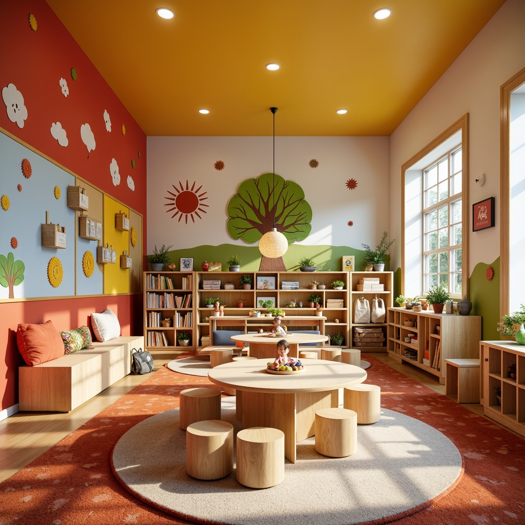 Prompt: \Vibrant kindergarten interior, soft warm lighting, gentle color temperatures, rounded playful furniture, educational wall murals, interactive display shelves, cozy reading nooks, natural wood accents, textured carpets, circular tables, tiny chairs, whimsical decorative elements, LED strip lights, pendant lamps, floor lamps, energy-efficient solutions, diffused ceiling lights, 1/1 composition, shallow depth of field, soft focus, warm color palette.\Please let me know if this meets your expectations!