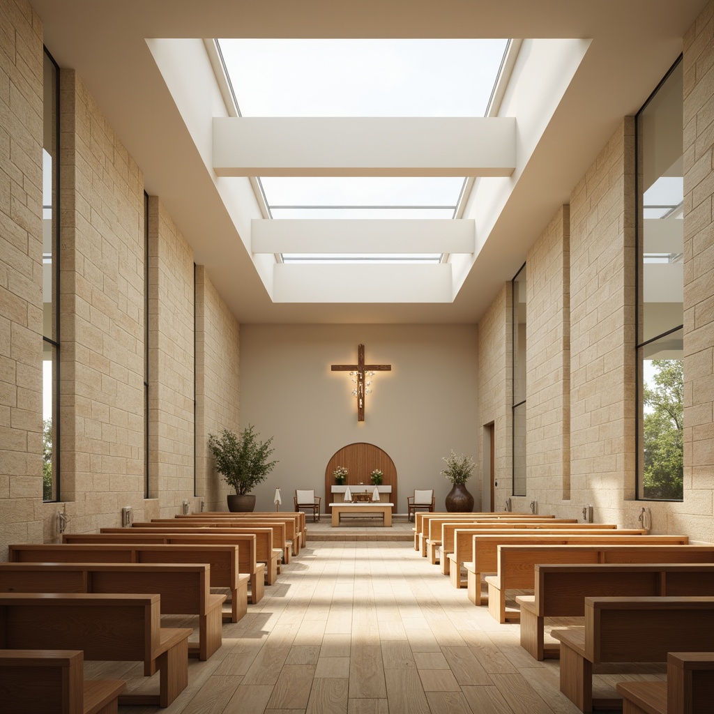 Prompt: Sleek minimalist chapel, natural stone walls, polished wooden floors, large skylights, clerestory windows, soft warm lighting, subtle shadows, simple altar, minimal ornamentation, cream-colored walls, sparse furniture, comfortable seating areas, peaceful ambiance, subtle aroma of incense, gentle breeze, quiet reflection spaces, floor-to-ceiling glazing, pure white ceilings, uncluttered interior design, seamless transitions, 1/1 composition, soft focus, warm color palette.