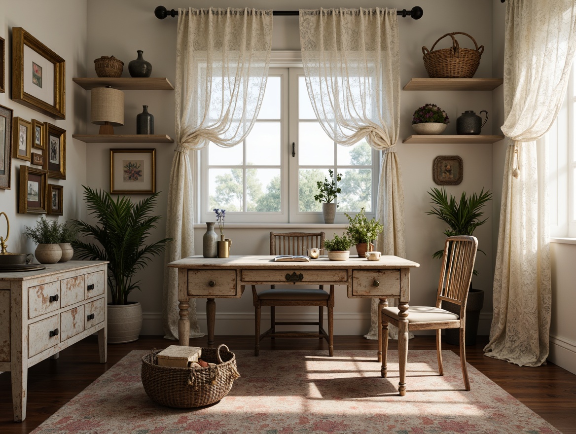 Prompt: Distressed wooden desk, vintage metal legs, soft pastel colors, floral patterns, lace curtains, antique furniture pieces, ornate gold frames, distressed finishes, rustic wood shelves, woven baskets, plush area rug, natural fiber textiles, warm candlelight, 1/1 composition, shallow depth of field, realistic textures, ambient occlusion.