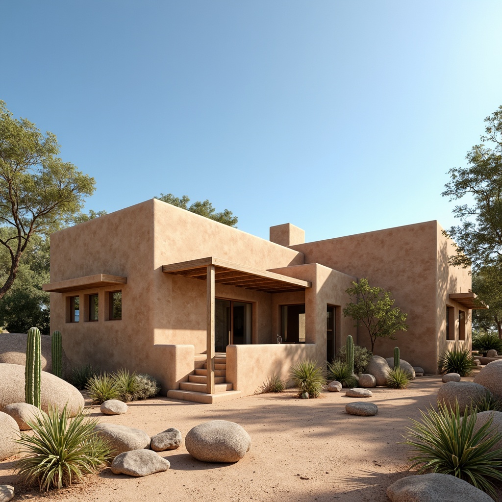 Prompt: Southwestern adobe architecture, earthy tones, rustic textures, natural ventilation systems, clerestory windows, operable skylights, solar chimneys, windcatchers, evaporative cooling systems, shading devices, cantilevered roofs, stucco finishes, desert landscaping, cactus plants, sandy terrain, clear blue sky, warm sunny day, soft diffused lighting, shallow depth of field, 2/3 composition, realistic materials, ambient occlusion.