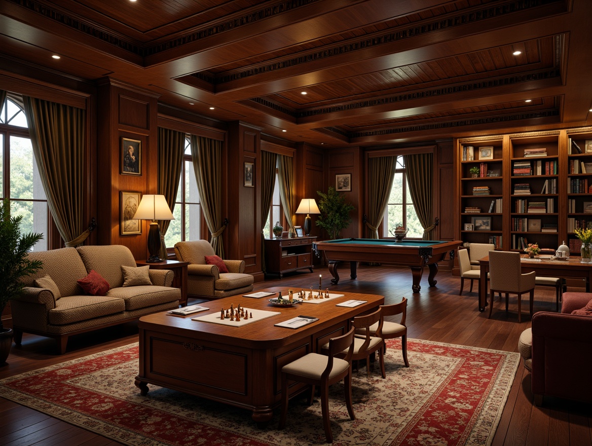 Prompt: Luxurious game room, rich wood paneling, ornate moldings, sophisticated color palette, velvety drapes, plush furnishings, classic chessboards, vintage pool tables, warm ambient lighting, intimate atmosphere, leather-bound books, wooden shelves, subtle texture variations, refined metallic accents, soft focus blur, 1/1 composition, dramatic shadowing.