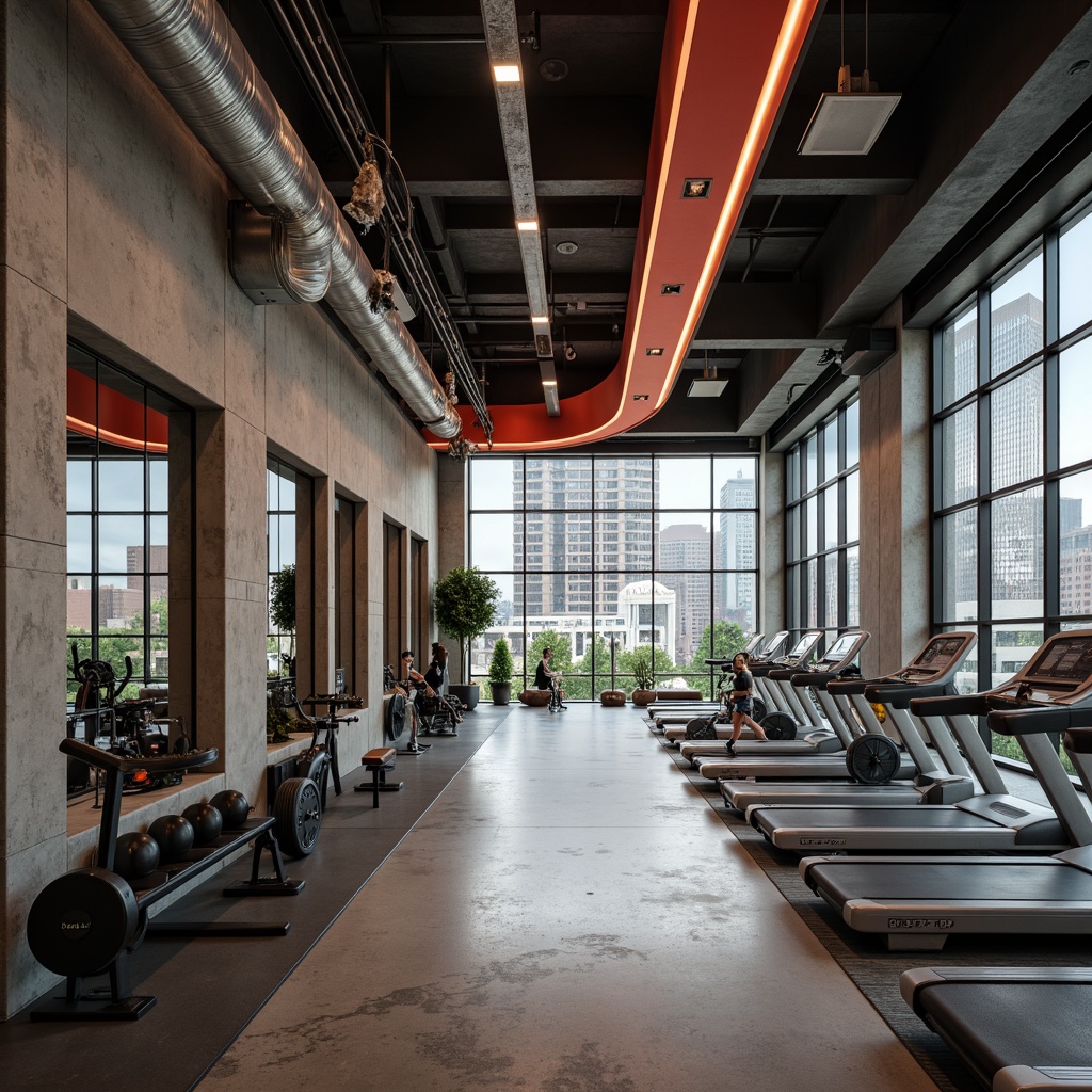 Prompt: Rugged fitness club, brutalist architecture, raw concrete walls, exposed ductwork, industrial-style lighting, minimalist decor, bold color accents, sleek metal equipment, free weights, treadmills, exercise bikes, mirrored walls, open floor plan, high ceilings, natural light, urban cityscape views, busy streets, modern skyscrapers, 1/1 composition, shallow depth of field, softbox lighting, ambient occlusion.