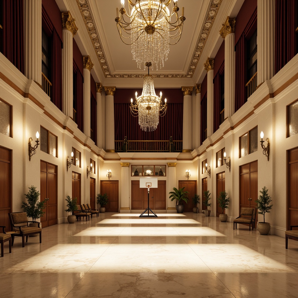 Prompt: Grand neoclassical gymnasium, ornate chandeliers, crystal droplets, bronze sconces, elegant pendant lights, creamy marble floors, tall Corinthian columns, intricate moldings, luxurious velvet drapes, rich wood paneling, athletic equipment, basketball hoops, mirrored walls, polished chrome accents, warm soft lighting, dramatic shadowing, 1/2 composition, shallow depth of field, realistic reflections.