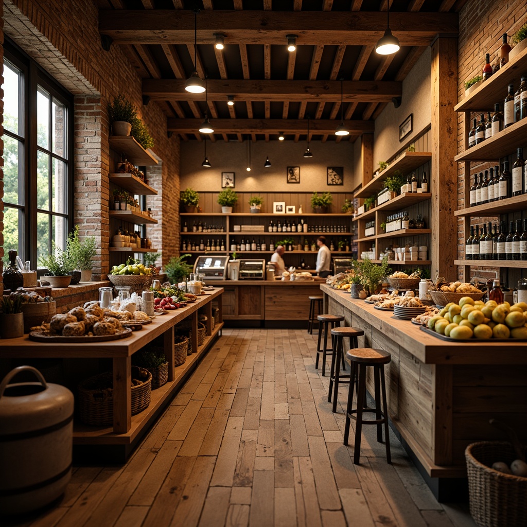 Prompt: Rustic grocery store interior, warm wooden shelves, vintage metal lanterns, soft warm lighting, exposed brick walls, distressed wooden floors, earthy color palette, natural stone countertops, antique furniture, woven baskets, pendant lamps, candlelight, cozy atmosphere, shallow depth of field, 1/2 composition, realistic textures, ambient occlusion.