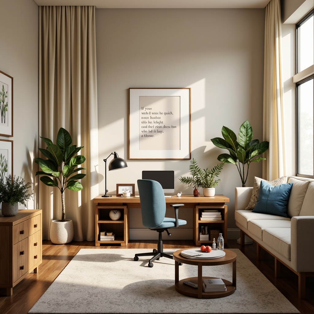 Prompt: Calming home office, warm beige walls, rich wood furniture, comfortable ergonomic chair, ample natural light, soft cream curtains, subtle earthy tones, soothing blue accents, inspirational quotes, minimalistic decor, organized workspace, modern desk lamp, greenery plants, fresh flowers, calming scents, relaxing ambiance, shallow depth of field, 1/1 composition, warm soft lighting, realistic textures.