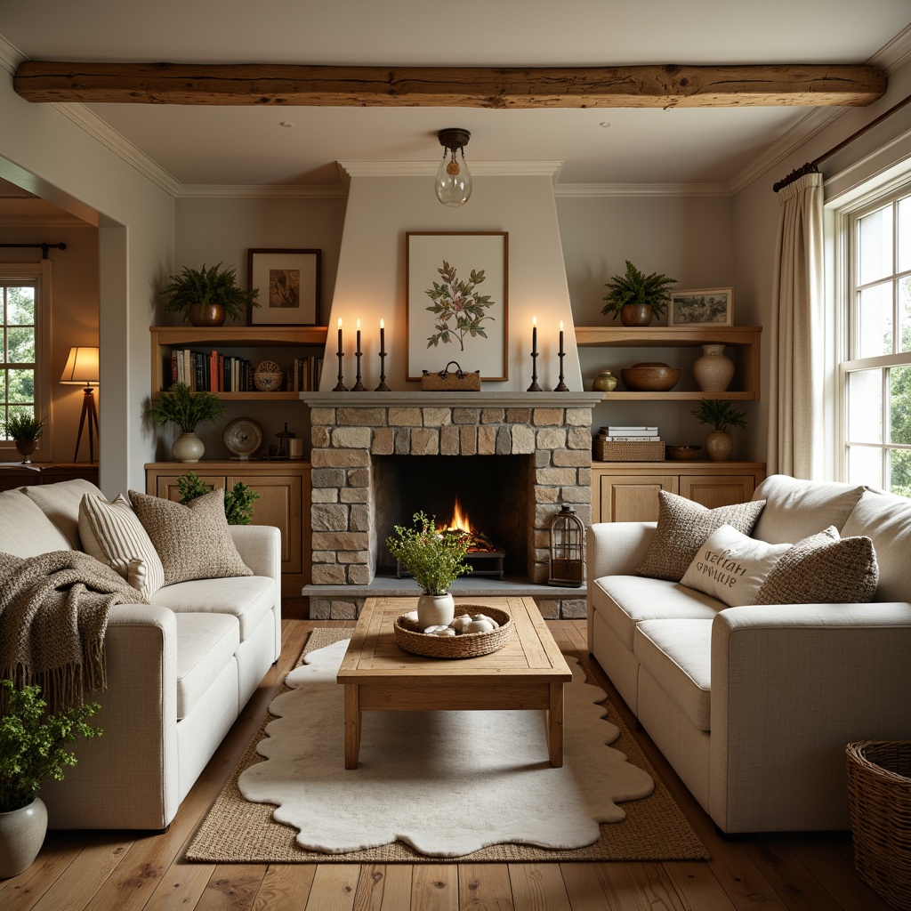 Prompt: Cozy farmhouse living room, plush throw blankets, vintage woven baskets, distressed wood furniture, natural fiber upholstery, earthy tone color palette, warm candle lighting, rustic stone fireplace, soft sheepskin rugs, traditional floral patterns, linen drapes, cotton lace trim, burlap accents, nostalgic family heirlooms, warm beige walls, creamy white ceilings, classic country charm, inviting atmosphere, comfortable seating areas, layered textiles, organic natural materials, warm golden lighting, 1/1 composition, shallow depth of field, soft focus effect.