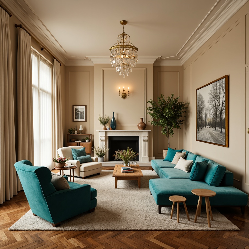 Prompt: Cozy living room, warm beige walls, rich wood flooring, plush velvet sofas, vibrant turquoise accents, golden lighting fixtures, elegant crystal chandeliers, soft cream-colored curtains, natural stone fireplace, modern minimalist decor, subtle texture contrasts, inviting atmosphere, relaxed ambiance, 1/1 composition, soft focus, warm color grading.