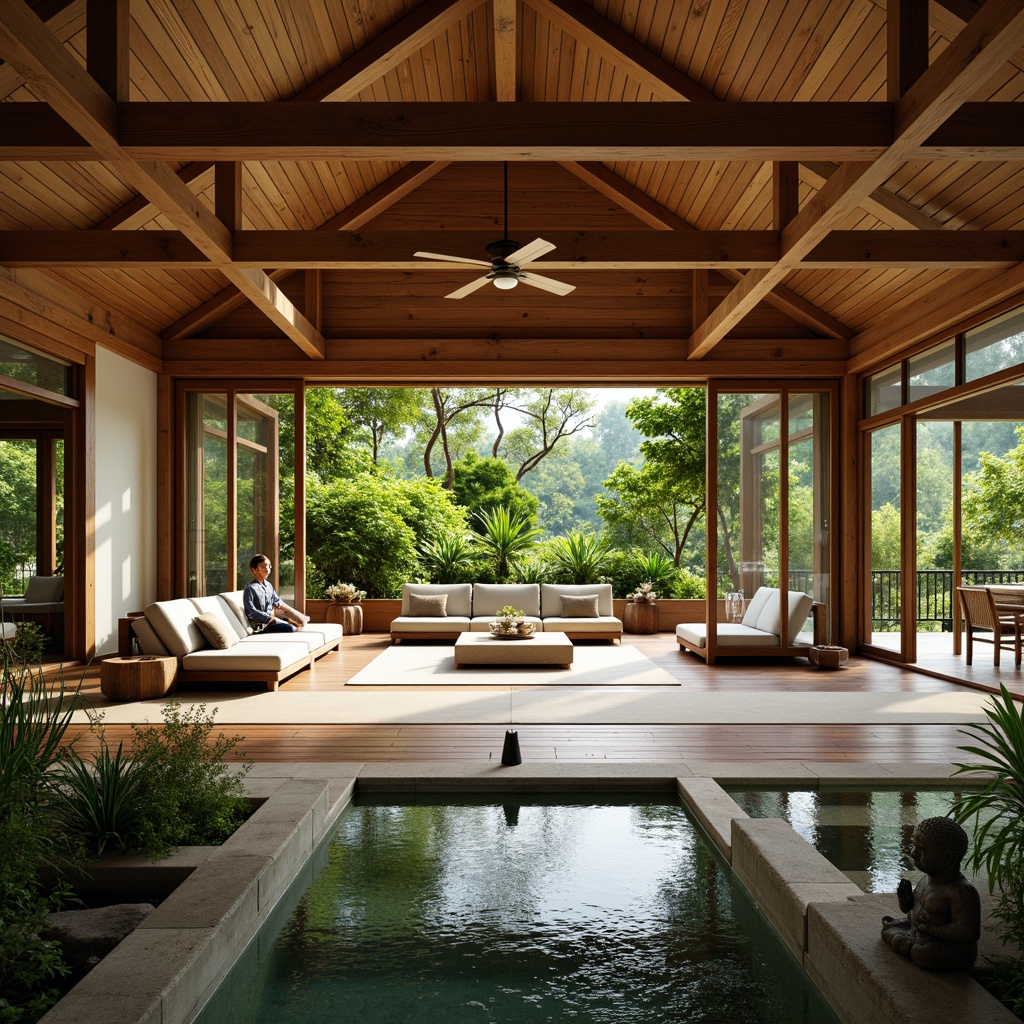 Prompt: Spacious villa interior, open floor plan, natural wood accents, traditional Asian-inspired decor, sliding glass doors, lush greenery views, serene water features, koi ponds, bamboo plants, stone Buddha statues, minimalist furnishings, low-seating sofas, tatami mats, shoji screens, warm ambient lighting, 1/1 composition, soft focus, blurred background, natural textures, vibrant cultural colors.