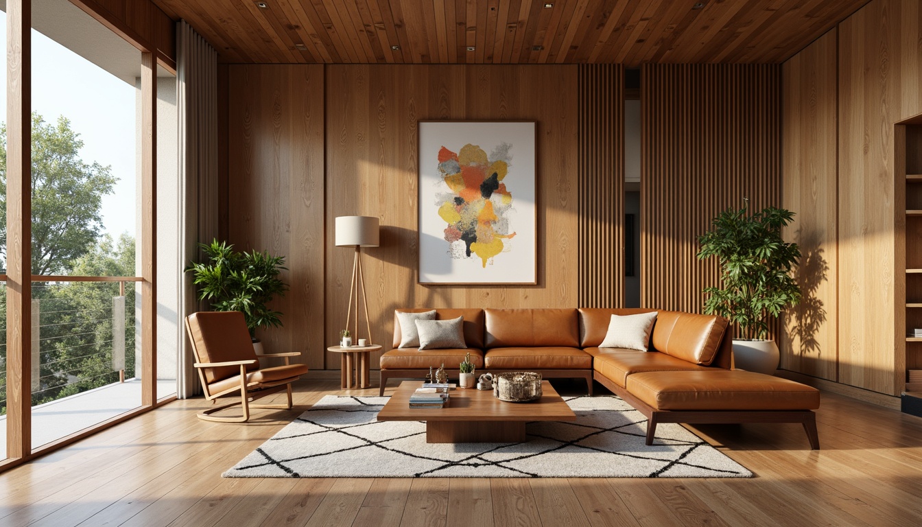 Prompt: Mid-century modern living room, wooden coffee table, sleek leather sofa, geometric patterned rug, floor-to-ceiling windows, natural wood paneling, minimalist decor, abstract artwork, retro-inspired lighting fixtures, vintage side tables, curved lines, organic shapes, earthy color palette, warm ambient lighting, soft focus, shallow depth of field, 1/1 composition, realistic textures, subtle atmospheric effects.