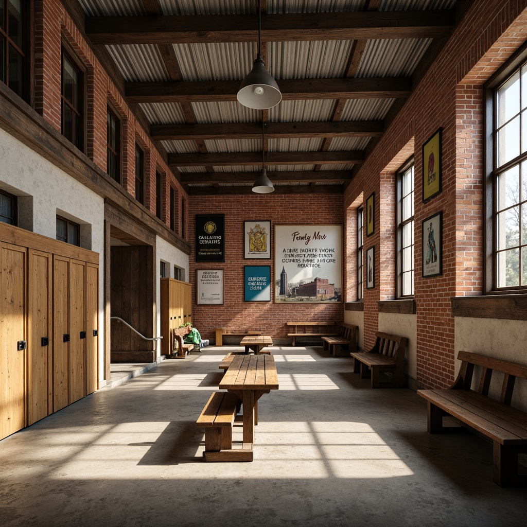 Prompt: Rustic high school building, exposed brick walls, weathered wooden accents, corrugated metal roofs, concrete floors, distressed wood benches, vintage lockers, educational posters, motivational quotes, softbox lighting, shallow depth of field, 1/2 composition, realistic textures, ambient occlusion, earthy color palette, warm afternoon light, subtle shadows.