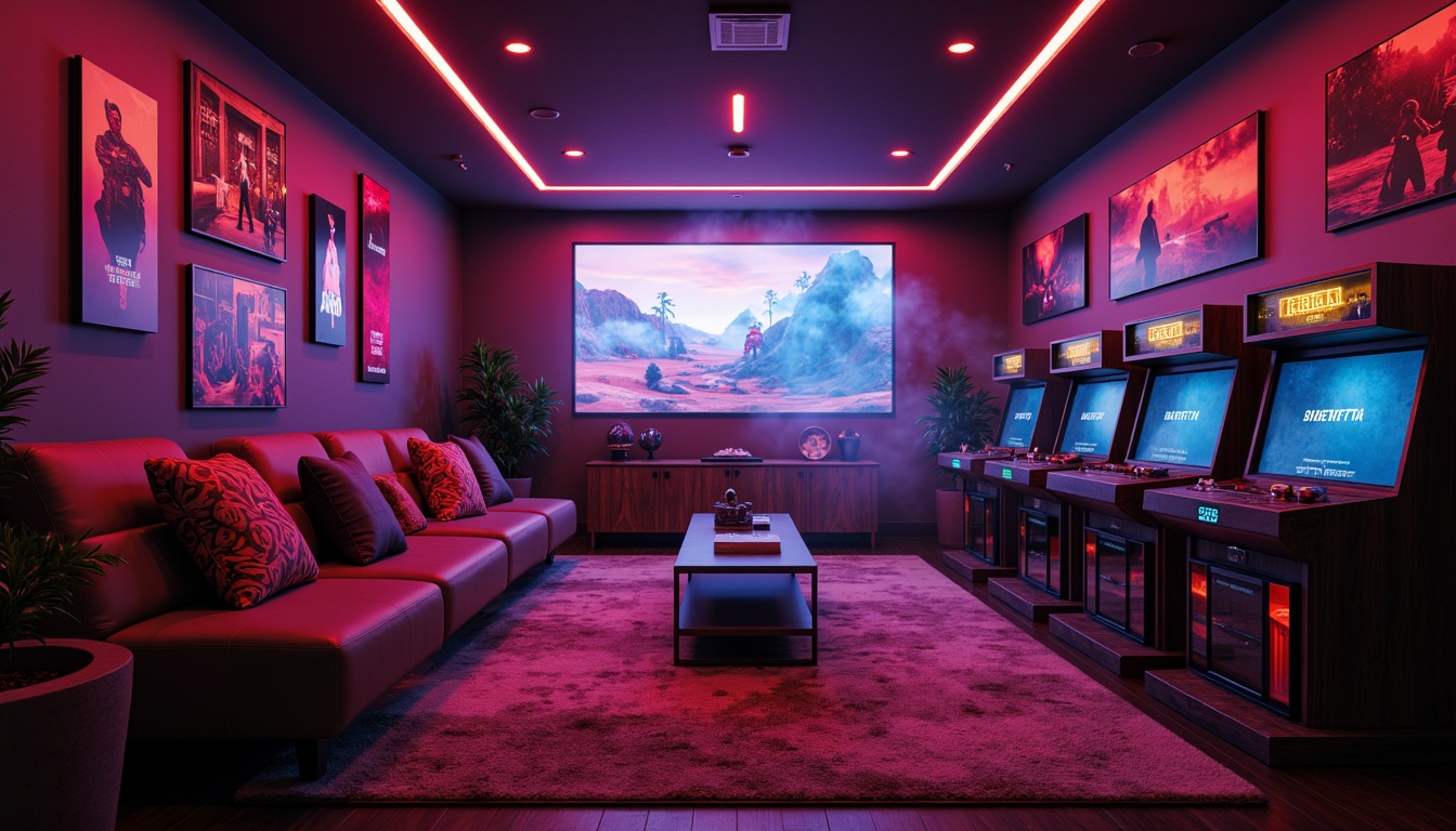 Prompt: Cozy game room, dimmable LED lights, warm ambient glow, neon-lit arcade machines, futuristic console stations, sleek wooden shelves, vibrant colorful posters, plush carpeted floors, comfortable oversized sofas, modern minimalist decor, atmospheric fog effects, dramatic spotlighting, cinematic screen displays, 3/4 composition, shallow depth of field, realistic textures, soft box lighting.