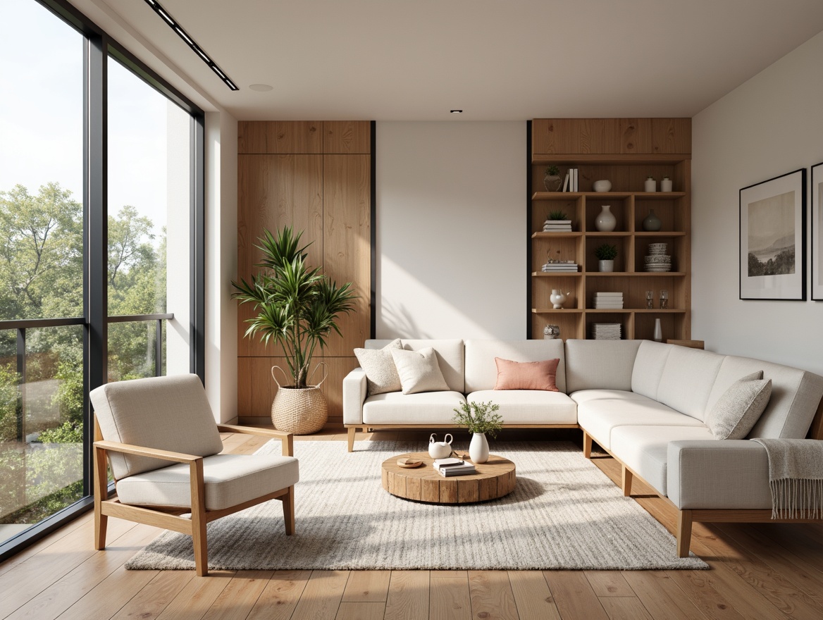 Prompt: Cozy Scandinavian living room, functional minimalism, sleek wooden furniture, comfortable sectional sofas, ergonomic chairs, built-in shelving units, natural oak wood accents, soft pastel color palette, warm ambient lighting, large windows, Nordic-inspired textiles, woven baskets, industrial-chic metal decor, 3/4 composition, shallow depth of field, realistic wood grain textures.