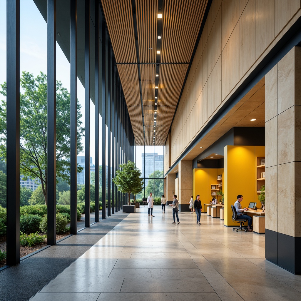 Prompt: Modern office building, sleek glass fa\u00e7ade, neutral beige walls, rich wood accents, calming blue-green hues, natural stone flooring, minimalist decor, ergonomic furniture, abundant natural light, airy open spaces, collaborative workstations, vibrant yellow pops, soft warm lighting, shallow depth of field, 3/4 composition, realistic textures, ambient occlusion.