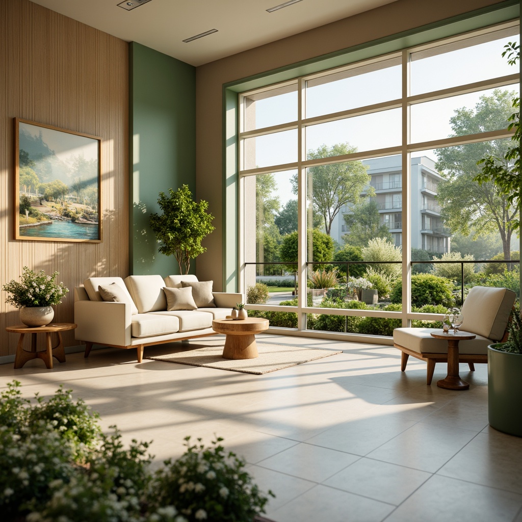 Prompt: Soothing healthcare facility, calming atmosphere, gentle natural light, warm beige walls, soft sage green accents, creamy white furniture, comforting wooden textures, serene water features, lush greenery, peaceful outdoor gardens, vibrant floral arrangements, uplifting artwork, calming blue tones, subtle earthy scents, inviting seating areas, cozy reading nooks, relaxing ambient lighting, shallow depth of field, 1/1 composition, soft focus, realistic renderings.