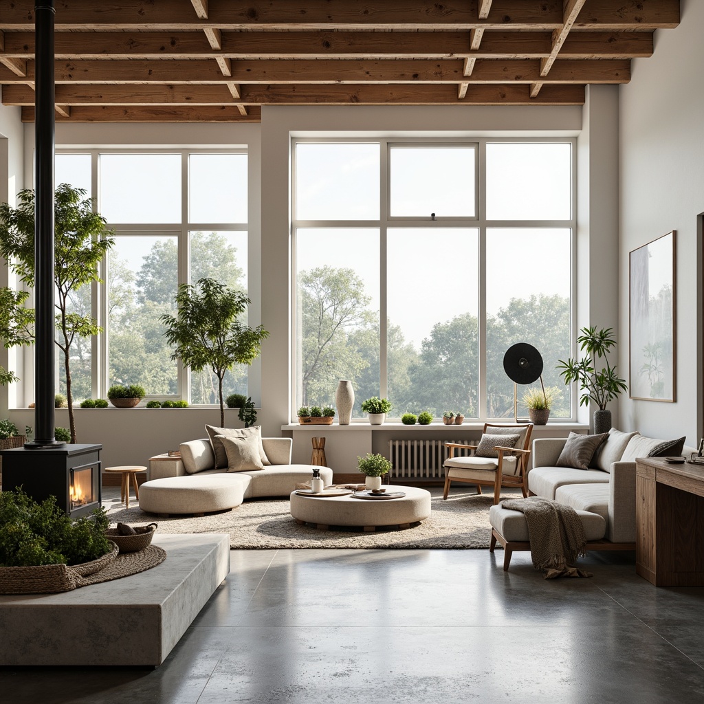 Prompt: Bright Nordic living room, airy open spaces, floor-to-ceiling windows, natural light pouring in, minimalist white walls, wooden accents, sleek modern furniture, cozy throw blankets, greenery-filled planters, industrial-chic lighting fixtures, polished concrete floors, rustic wood textures, calm atmospheric ambiance, soft warm lighting, shallow depth of field, 1/1 composition, realistic reflections, ambient occlusion.