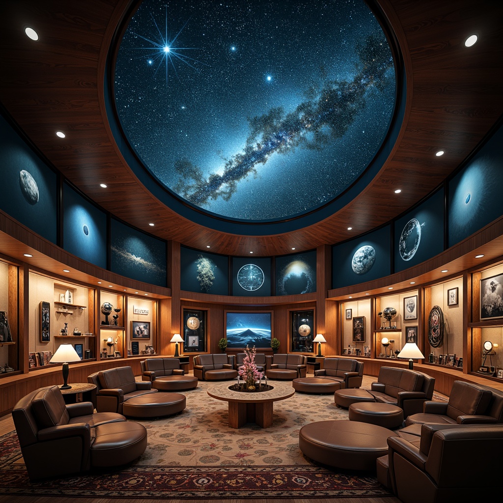 Prompt: Mid-century modern planetarium interior, starry night sky projections, comfortable curved seating, polished wooden flooring, minimalist metal frames, geometric patterned rugs, ambient soft lighting, spherical chandeliers, constellation-inspired decorative walls, retro-futuristic astronaut helmets, vintage astronomy equipment, educational space exhibits, interactive galaxy displays, sleek leather sofas, rounded coffee tables, pendant lamps, 3/4 composition, shallow depth of field, panoramic view, realistic textures, ambient occlusion.