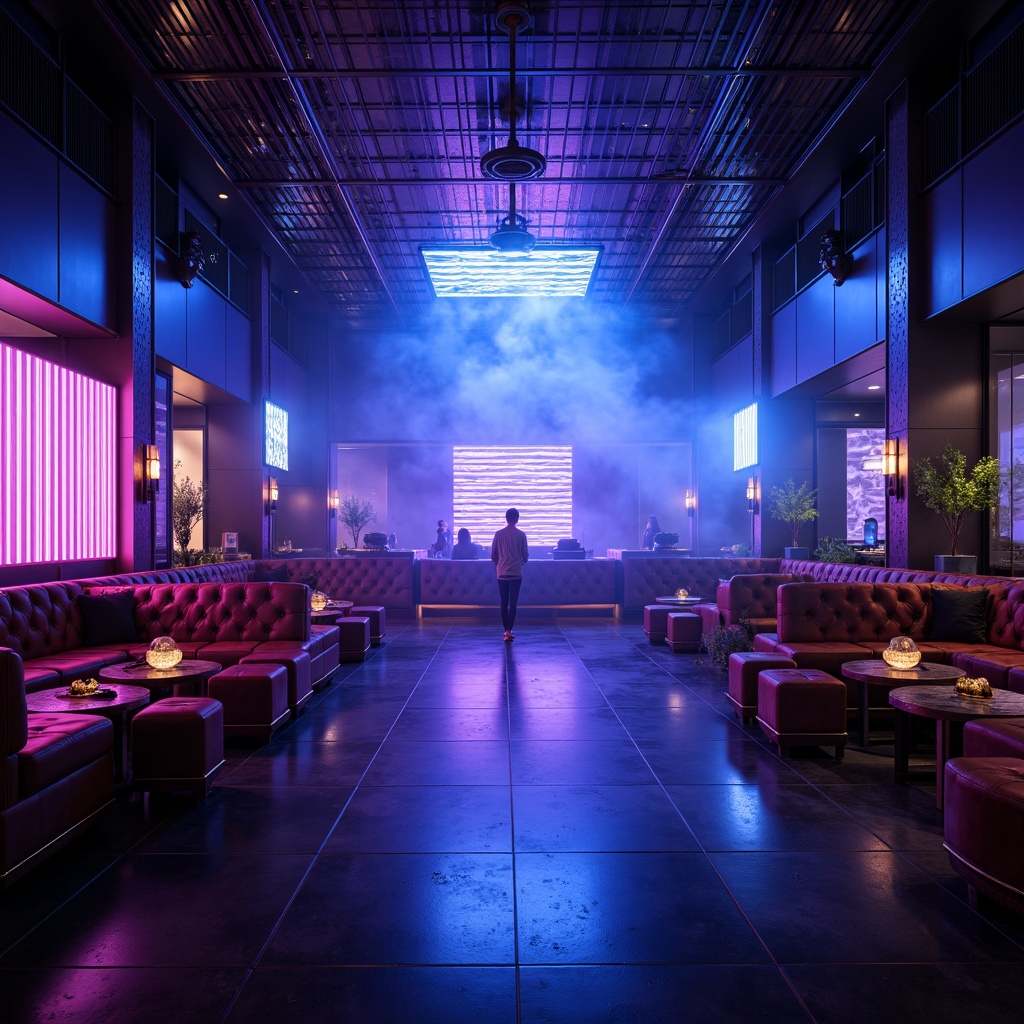 Prompt: Luxurious nightclub interior, dark blue and purple hues, strobe lights, fog machines, high-gloss dance floor, VIP lounge areas, plush velvet sofas, metallic accents, futuristic LED installations, 3D immersive visuals, surround sound systems, subwoofers, acoustic panels, diffusers, bass traps, soundproofing materials, professional audio equipment, DJ booths, turntables, neon signs, low-ceiling, intimate atmosphere, warm color temperature lighting, shallow depth of field, 1/2 composition, cinematic views, realistic reflections.