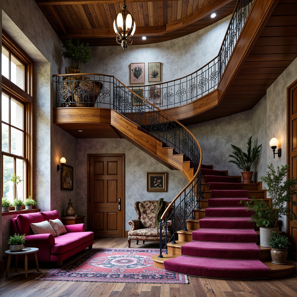 Prompt: Whimsical eclectic staircase, ornate metal stair railings, curved wooden banisters, distressed finishes, rich velvet upholstery, statement lighting fixtures, bold color schemes, vintage decorative accents, luxurious thick-pile carpeting, grand high ceilings, dramatic floor-to-ceiling windows, natural stone flooring, reclaimed wood walls, artistic metalwork details, eclectic pattern mixing, bohemian-inspired textiles, warm ambient glow, shallow depth of field, 1/1 composition, realistic material textures, subtle atmospheric fog.