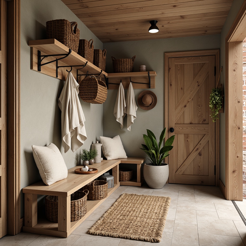 Prompt: Rustic mudroom, wooden bench, woven baskets, vintage metal hooks, distressed wood shelving, earthy tone color scheme, natural stone flooring, reclaimed wood accents, industrial metal lighting, exposed brick walls, cozy textiles, woven rugs, warm beige tones, soft overhead lighting, shallow depth of field, 2/3 composition, realistic textures, ambient occlusion.