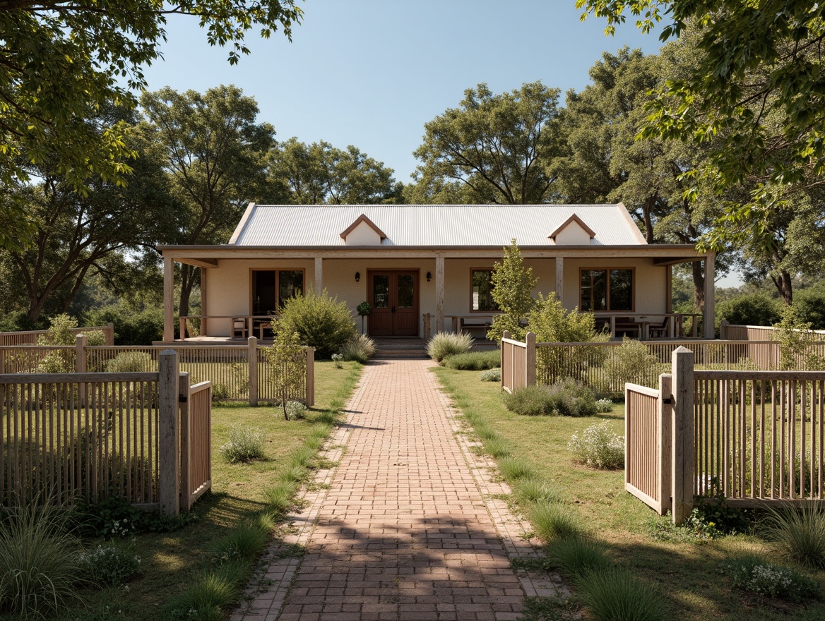 Prompt: Rustic farmhouse, distressed wood accents, earthy tones, natural textures, animal enclosures, verdant foliage, sun-kissed meadows, vintage metal gates, worn brick pathways, muted color palette, beige stucco walls, weathered wooden fences, galvanized roofing, soft warm lighting, shallow depth of field, 3/4 composition, panoramic view, realistic textures, ambient occlusion.