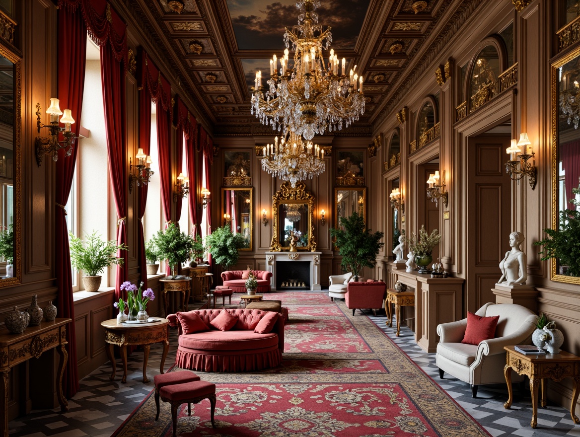 Prompt: Opulent Baroque interior, lavish furnishings, rich velvet fabrics, intricately carved wooden furniture, gilded accents, ornate mirrors, crystal chandeliers, grandiose architectural details, high ceilings, marble floors, statuesque decorative elements, luxurious textiles, regal color palette, soft warm lighting, shallow depth of field, 3/4 composition, realistic textures, ambient occlusion.