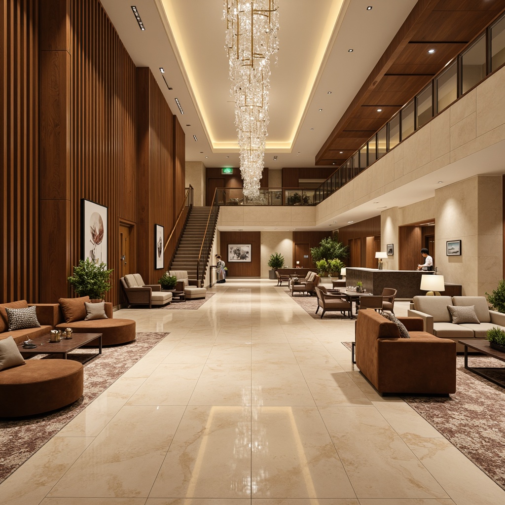 Prompt: Luxurious hotel lobby, warm beige marble floors, rich wood accents, plush velvet sofas, elegant armchairs, bronze metal frames, crystal chandeliers, sophisticated neutral tones, subtle patterned rugs, refined minimalist decor, modern abstract artwork, sleek reception desks, grand staircases, dramatic ceiling heights, soft warm lighting, 1/1 composition, realistic textures, ambient occlusion.