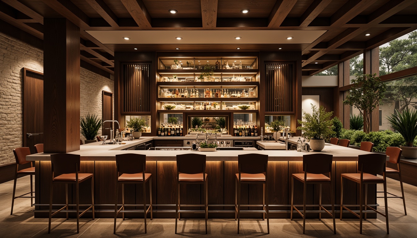 Prompt: Luxurious home bar, sleek wooden countertops, stainless steel appliances, glass shelves, ambient lighting, rich leather stools, metallic footrests, elegant wine racks, rustic brick walls, modern minimalist decor, warm earthy tones, soft focus blur, shallow depth of field, 1/2 composition, atmospheric misting effects, sophisticated color palette.