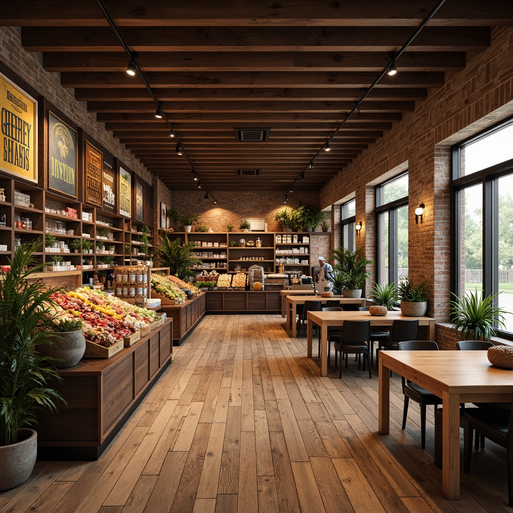 Prompt: Rustic grocery store interior, reclaimed wooden planks, distressed finishes, earthy tones, warm lighting, exposed brick walls, metal accents, industrial decor, vintage signs, wooden crates, stone foundations, natural textures, rough-hewn beams, cozy atmosphere, soft shadows, shallow depth of field, 1/2 composition, realistic renderings, ambient occlusion.