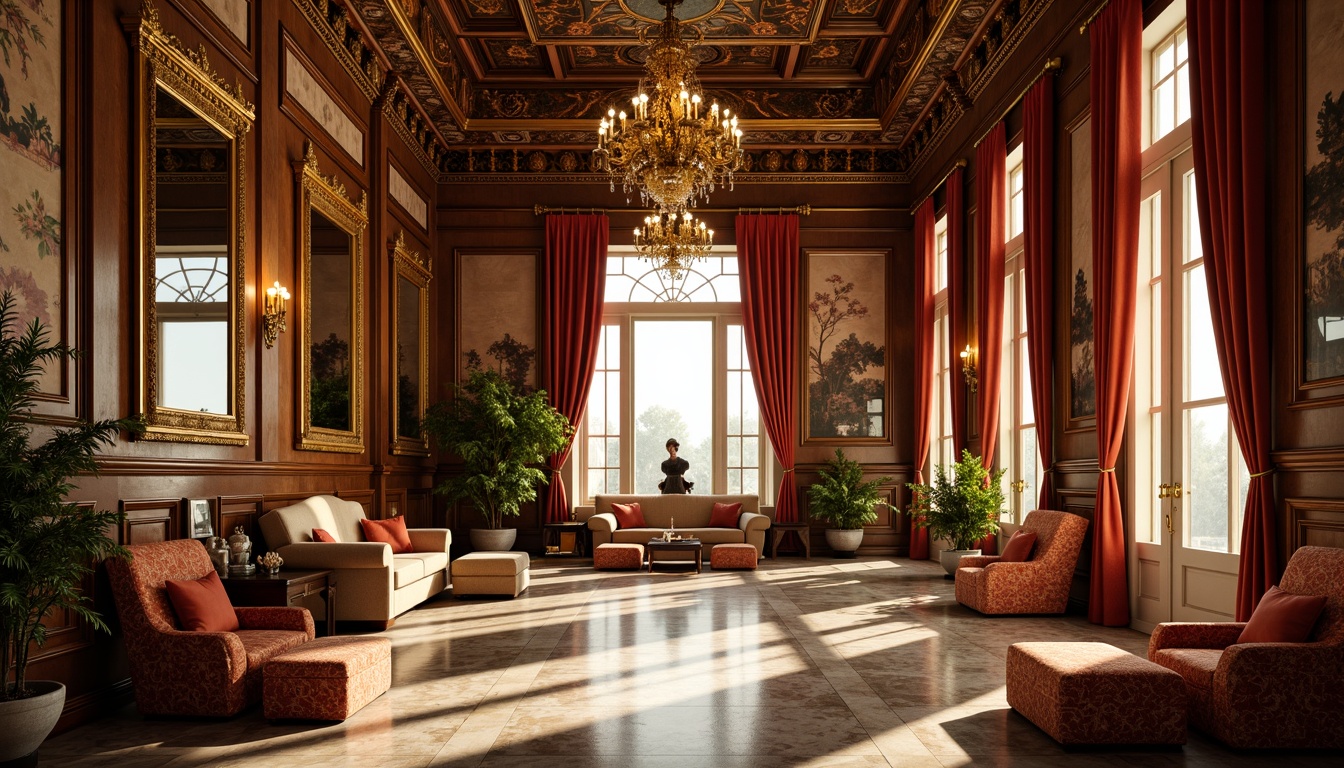 Prompt: Opulent palace interior, lavish furnishings, ornate mirrors, gilded frames, velvet drapes, intricate patterns, rich tapestries, carved wooden panels, marble floors, ornamental ceilings, grand chandeliers, warm golden lighting, soft focus, 1/2 composition, shallow depth of field, realistic textures, ambient occlusion.