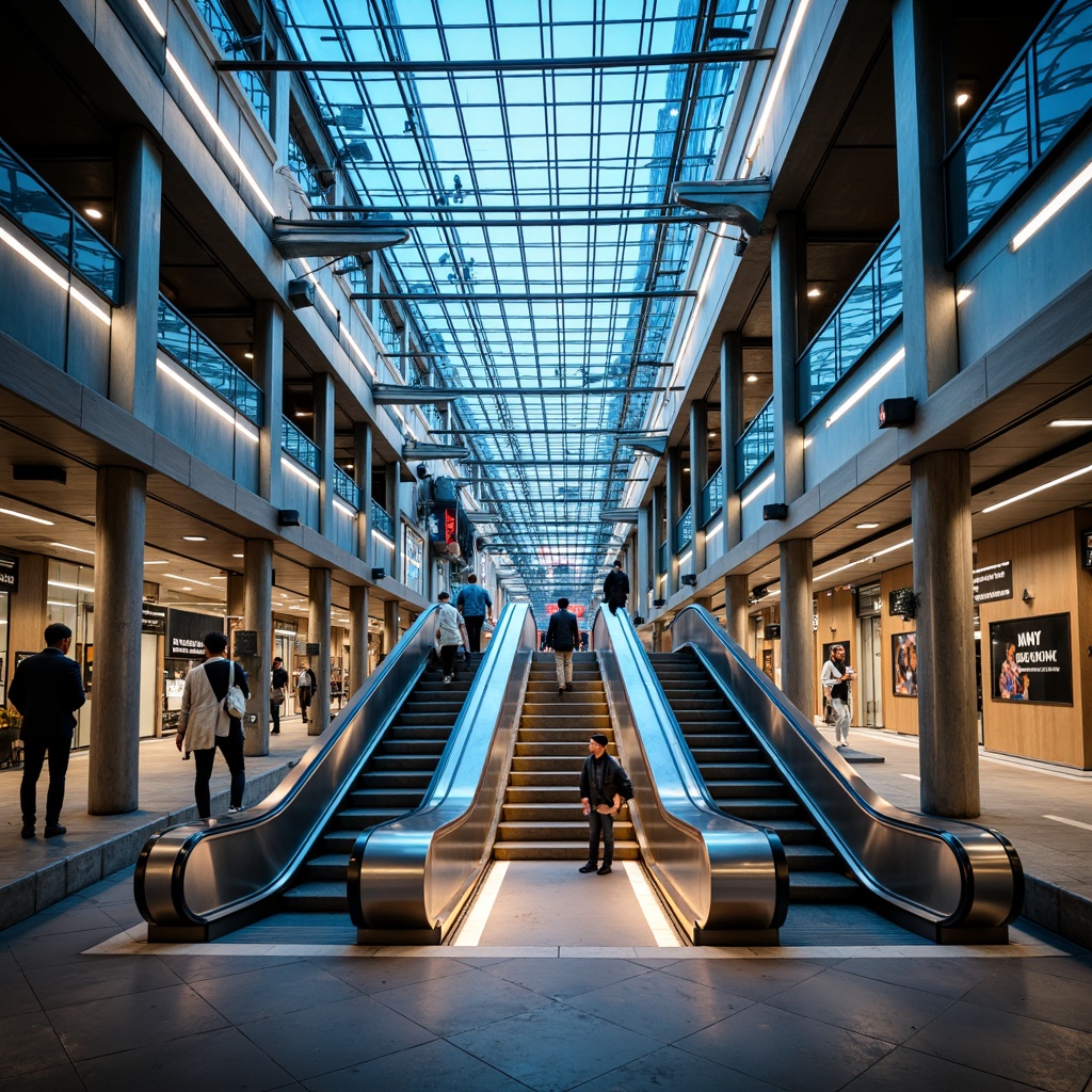 Prompt: Modern metro station, transitional style architecture, sleek glass ceilings, stainless steel columns, polished concrete floors, vibrant LED lighting, futuristic escalators, dynamic staircase design, urban cityscape views, rush hour crowds, warm cozy ambiance, softbox lighting, indirect illumination, 1/2 composition, high-contrast ratio, dramatic shadows, realistic reflections, ambient occlusion.